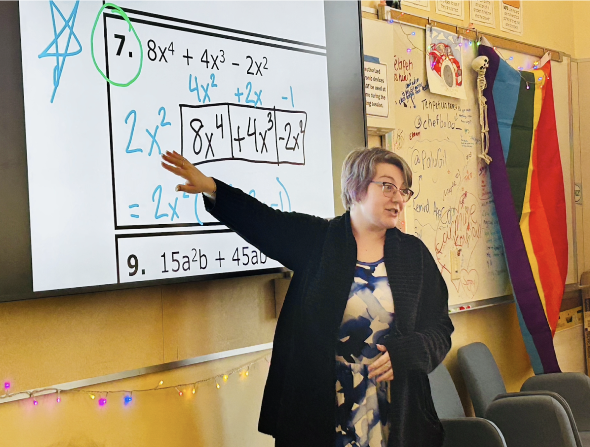 Analysis and Algebra 1 teacher Sarah Gilmore reviews practice problems with her Algebra 1 class. According to Gilmore, learning math is similar to learning a new language in that it comes with challenges. “We’ve all got our strengths and weaknesses when it comes to learning a new language, which is exactly what mathematics is,” Gilmore said.